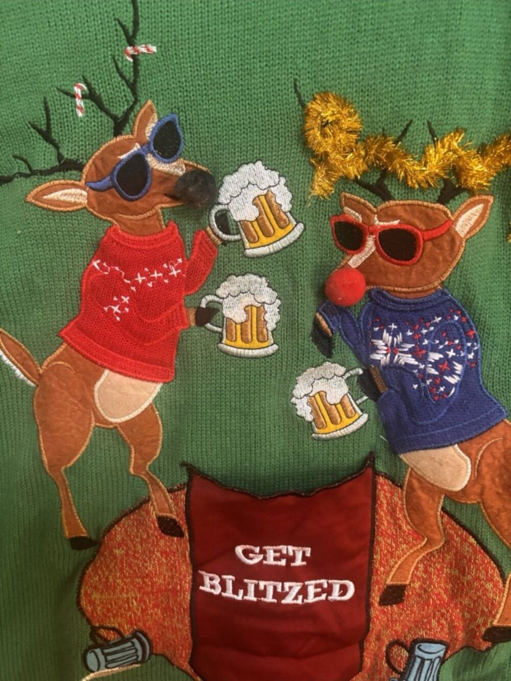 Jolly Sweaters XL Ugly Christmas Sweater Get Blitzed Reindeer Beer Green Red - Picture 8 of 9